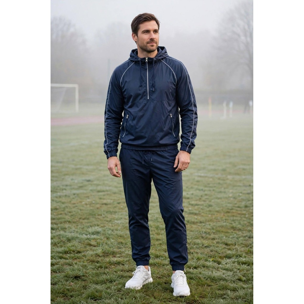 Footlocker Tracksuit Mens M Navy Blue Quarter Zip Hooded Pullover & Pants Set